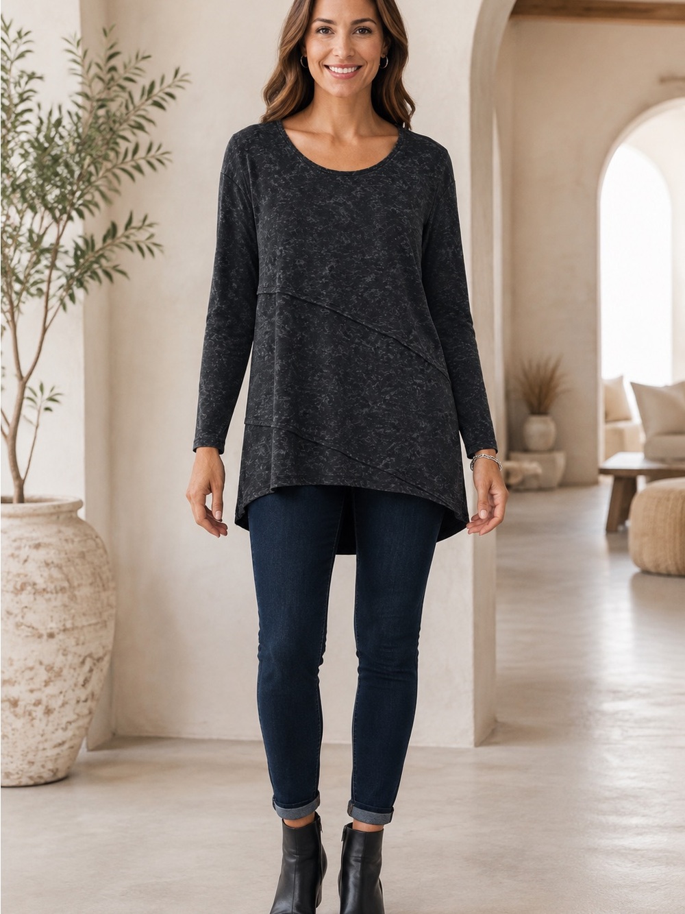 Long-Sleeve Black Mineral-Wash Asymmetrical Tunic Top